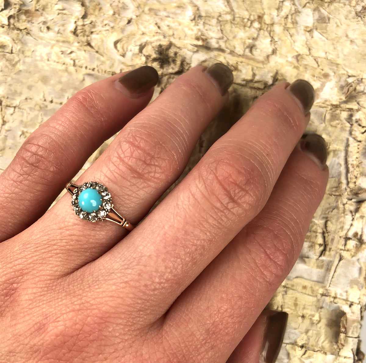 Old Mine Cut Diamonds and Turquoise Blue Ring