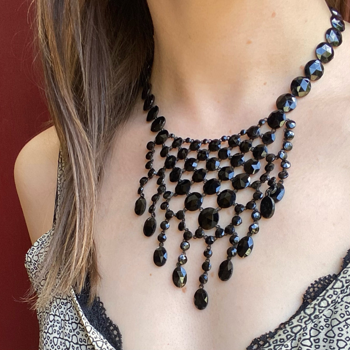 Gothic Elegance Victorian Black Glass Bib Necklace