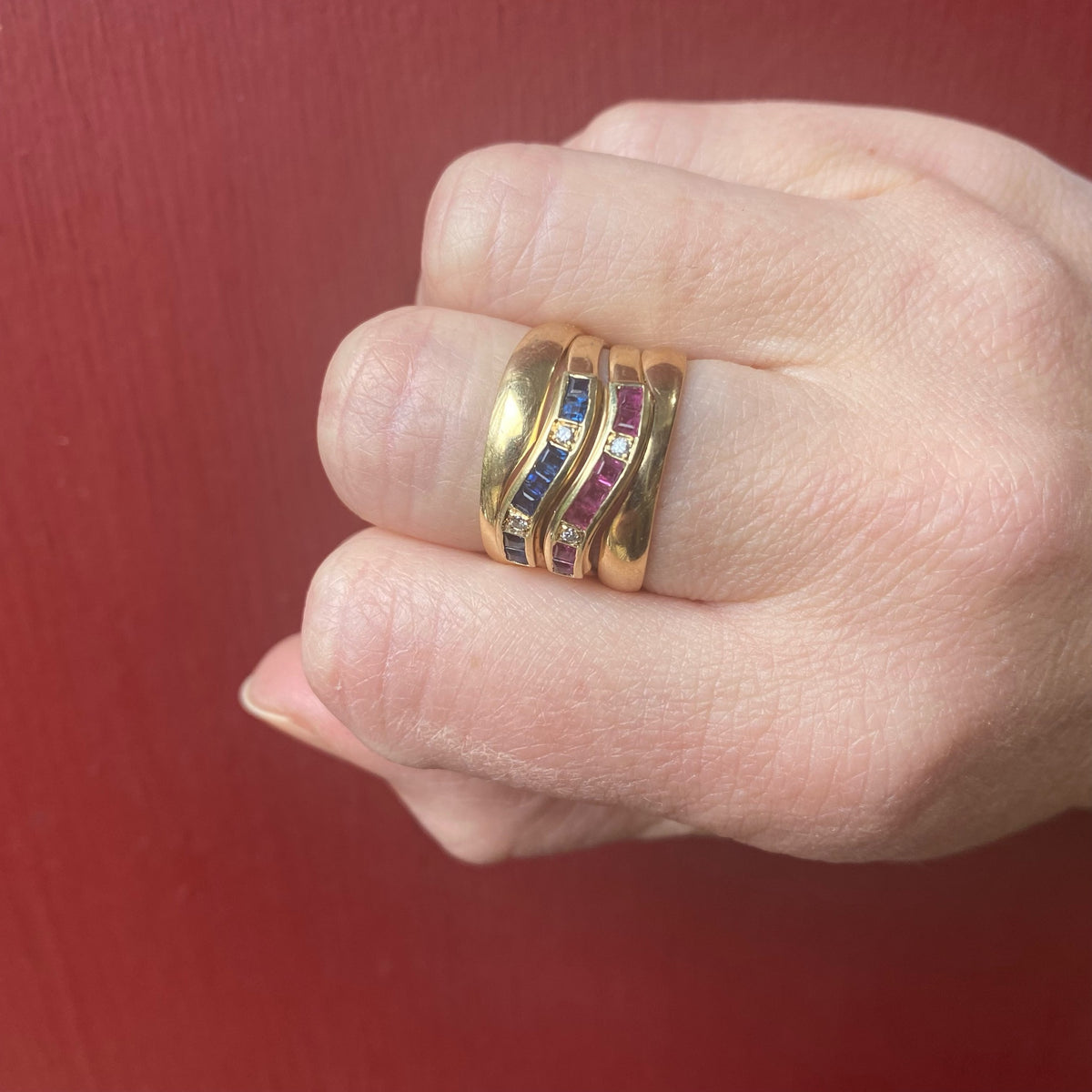 Wide Gold Ruby and Sapphire Band
