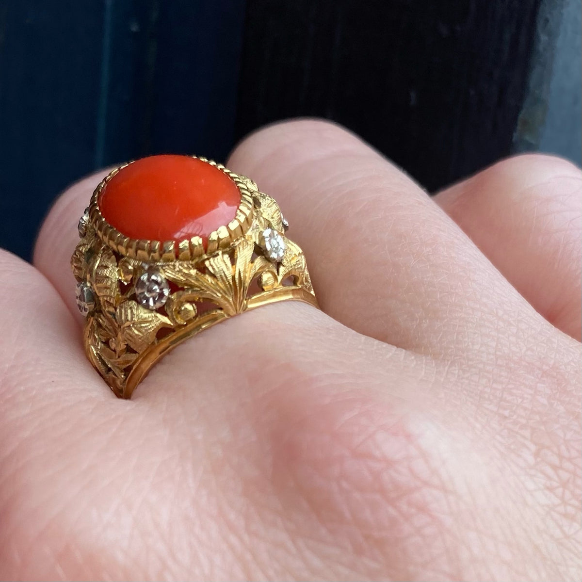 Glittering Gold & Platinum Flowers Red Gem Ring