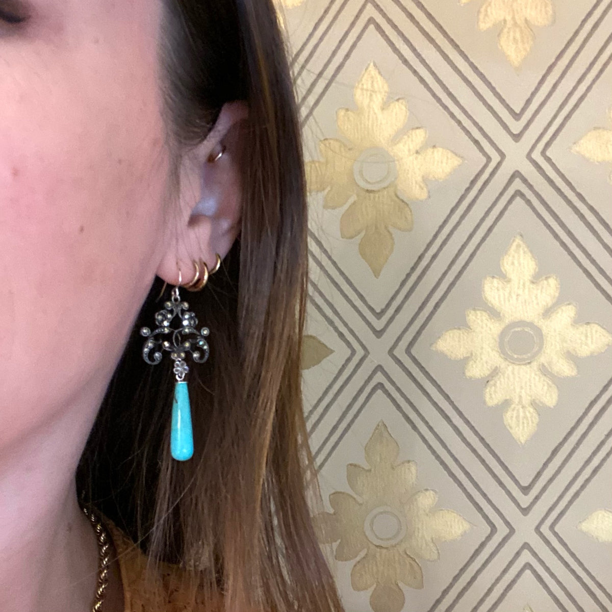 Foliate Silver & Marcasite Earrings with Turquoise Drops