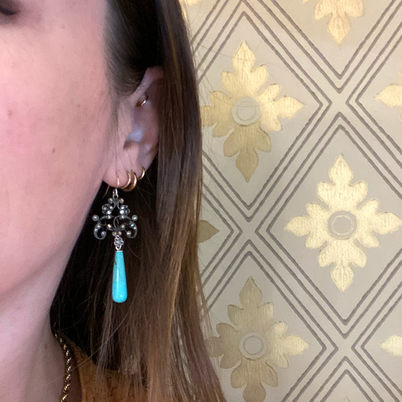 Foliate Silver & Marcasite Earrings with Turquoise Drops