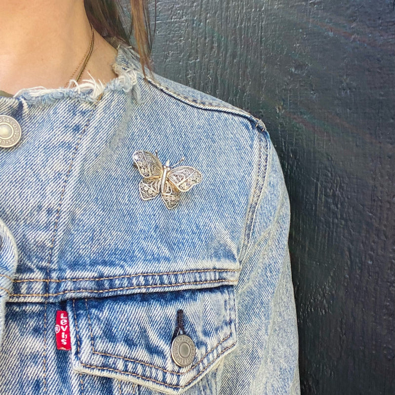 Delightfully Delicate Silver Filigree Butterfly Brooch