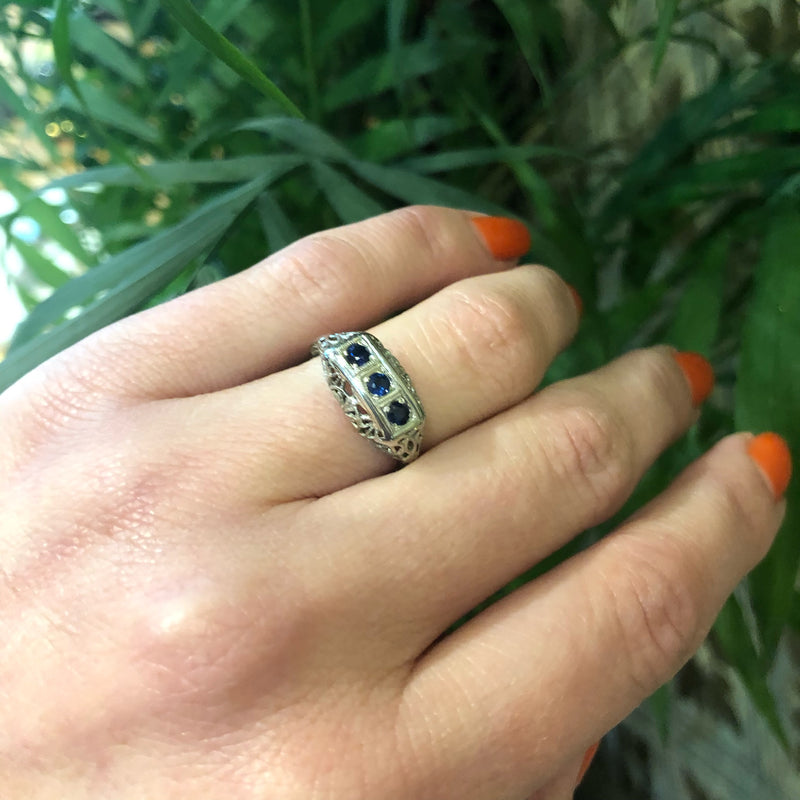 Vintage White Gold Filigree and Sapphire Ring