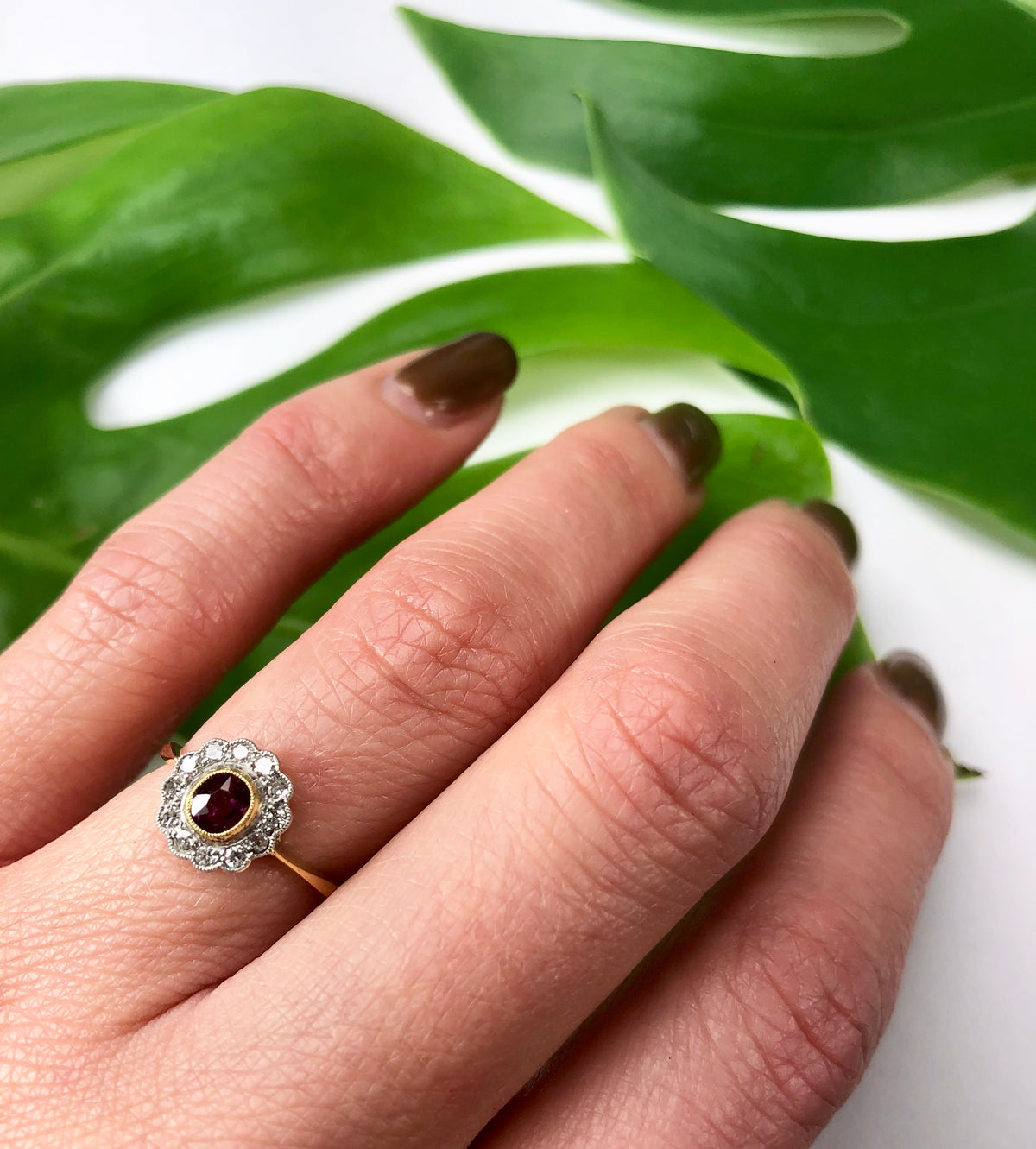 Oval Ruby Diamond Halo Vintage Ring