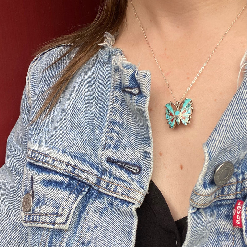 Vivacious Butterfly Brooch/Pendant with Turquoise Inlay