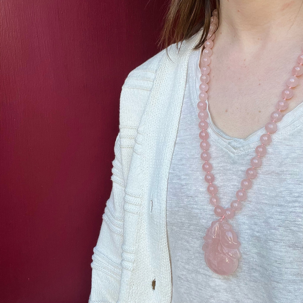 Sumptuous Carved Rose Quartz Peach Necklace