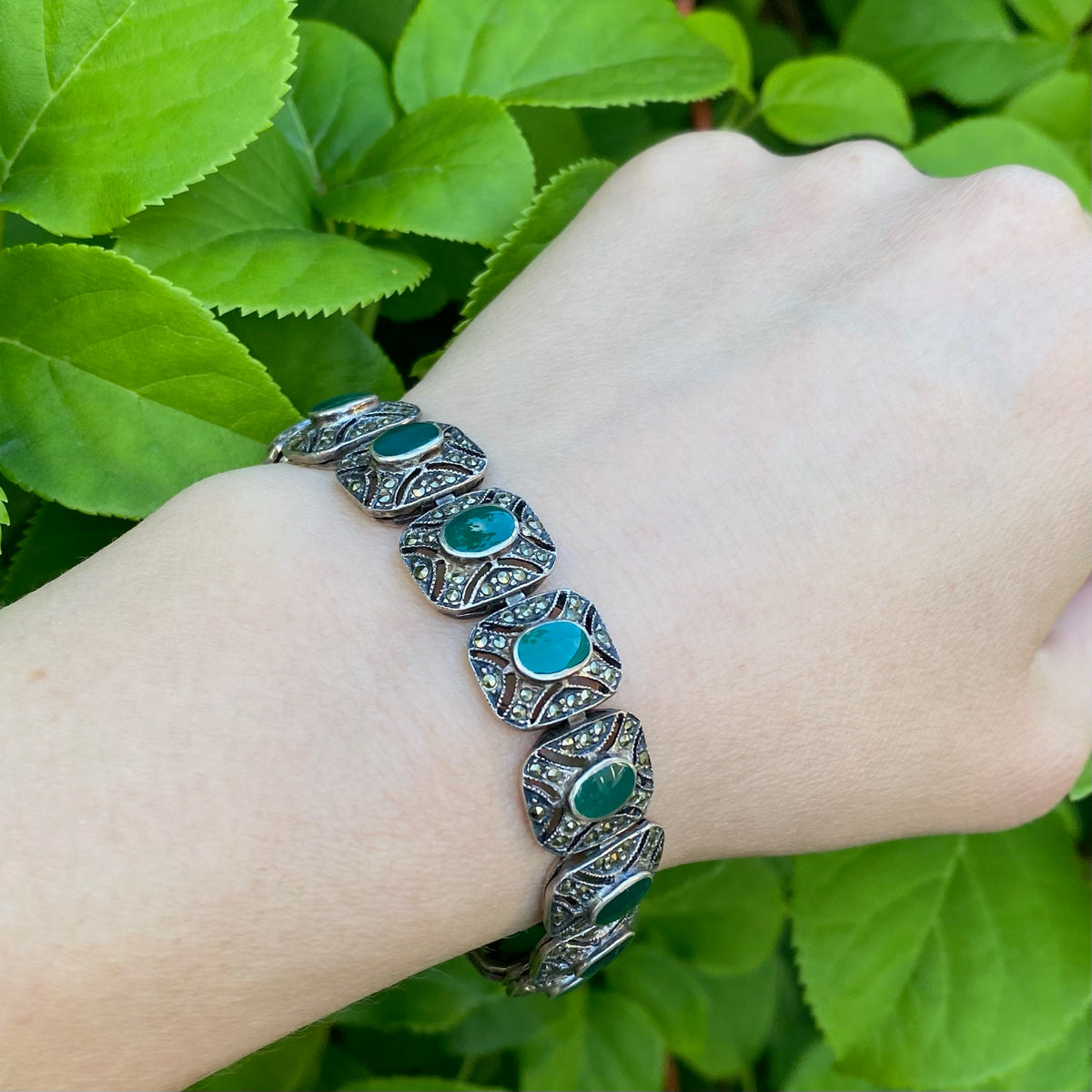 Deco Style Green Onyx & Marcasite Bracelet
