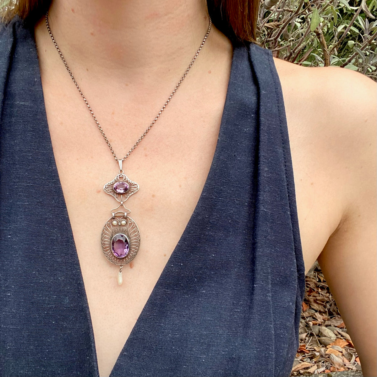 Dreamy Edwardian Amethyst & Pearl Filigree Necklace