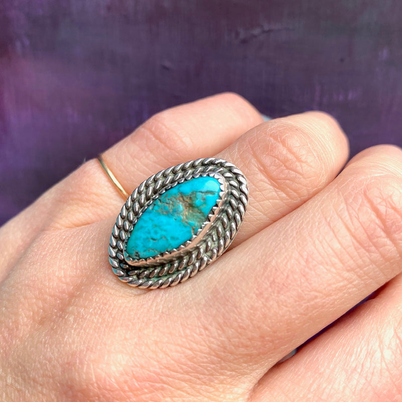 Navette Turquoise Ring with Double Rope Detail