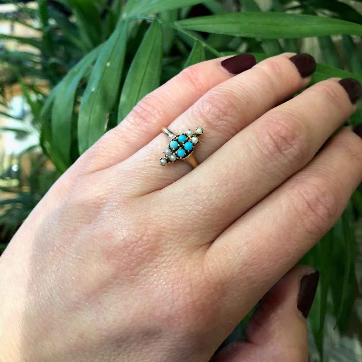 The 19th Century Rose Gold Turquoise and Pearl Ring