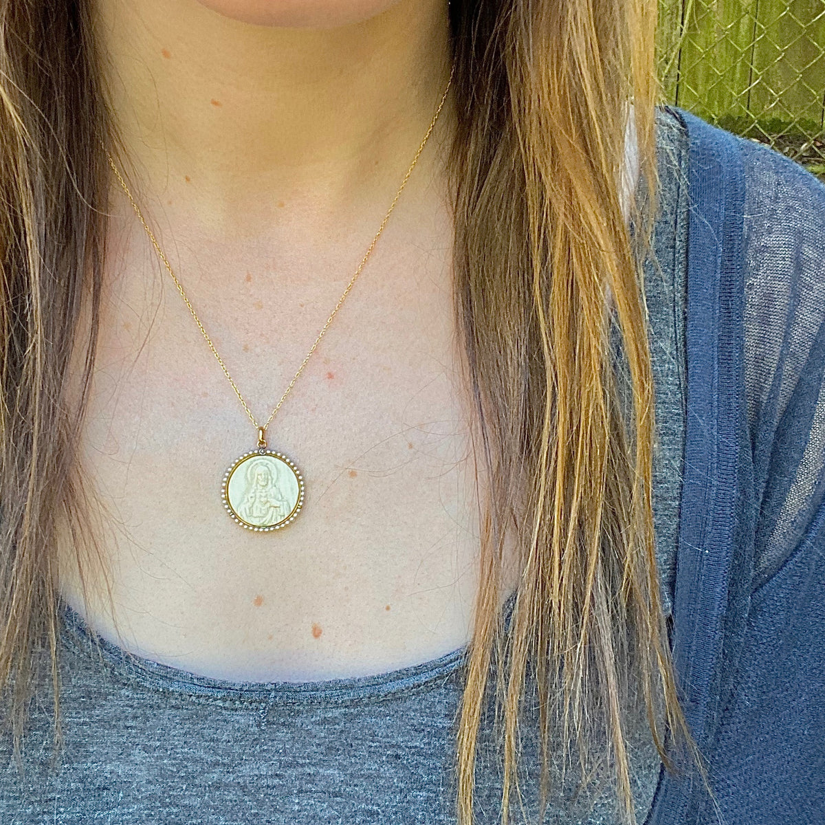 Carved Ivory Religious Pendant with Gold Pearls and Diamond