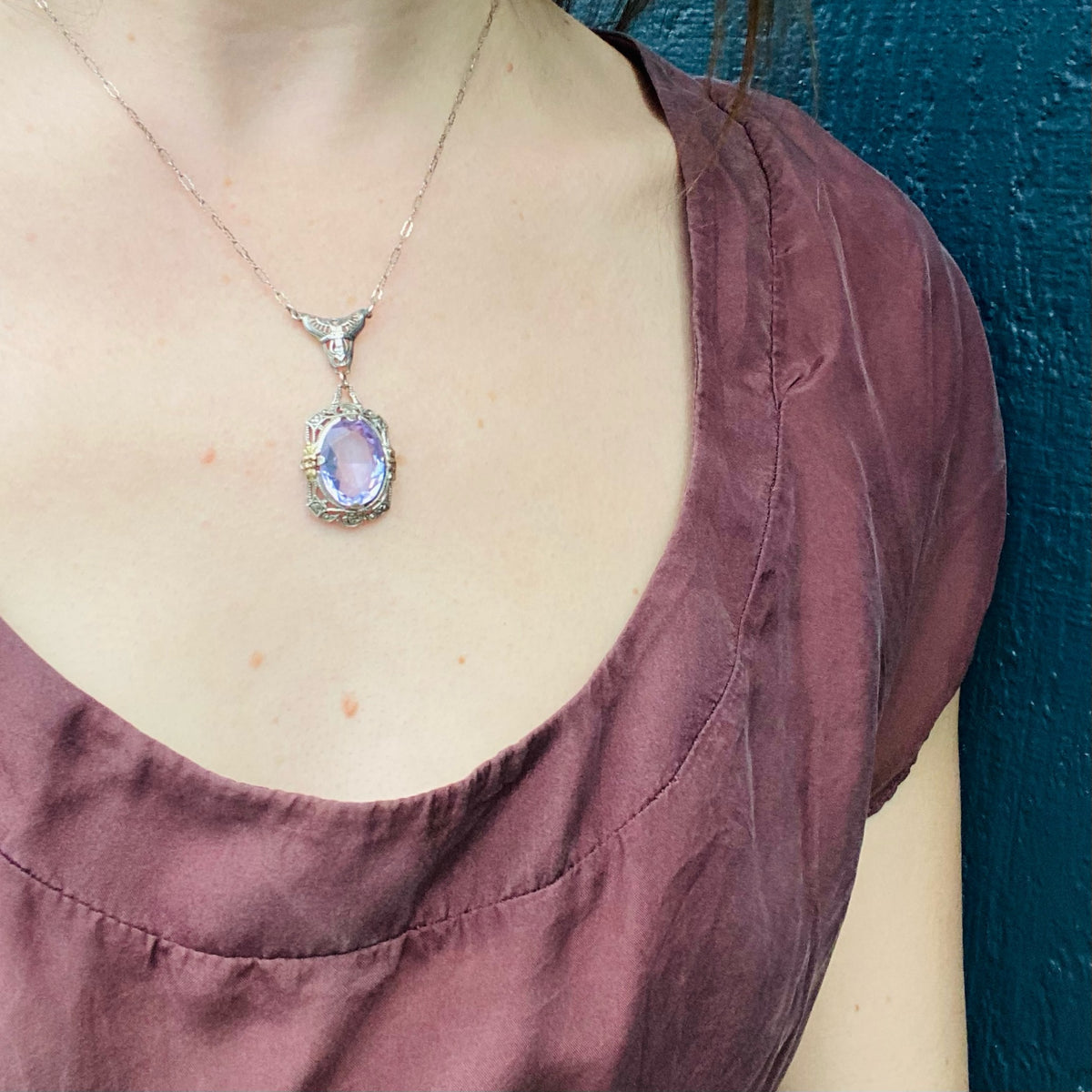 Synthetic Blue Spinel in Silver Deco Necklace
