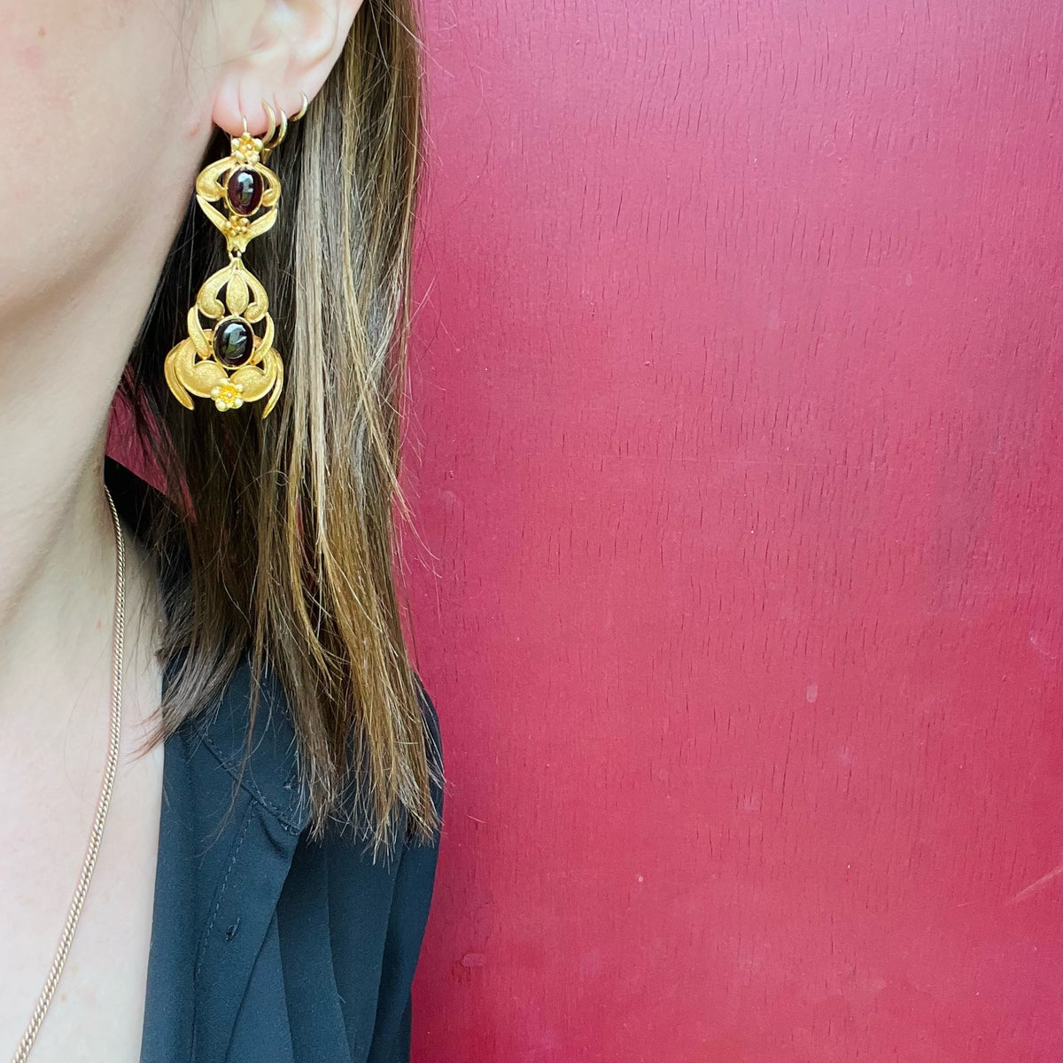 Rare and Stunning High Karat Gold and Garnet Earrings
