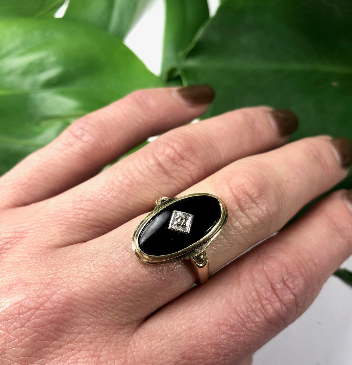 Vintage 1930's Onyx and Diamond Yellow Gold Ring