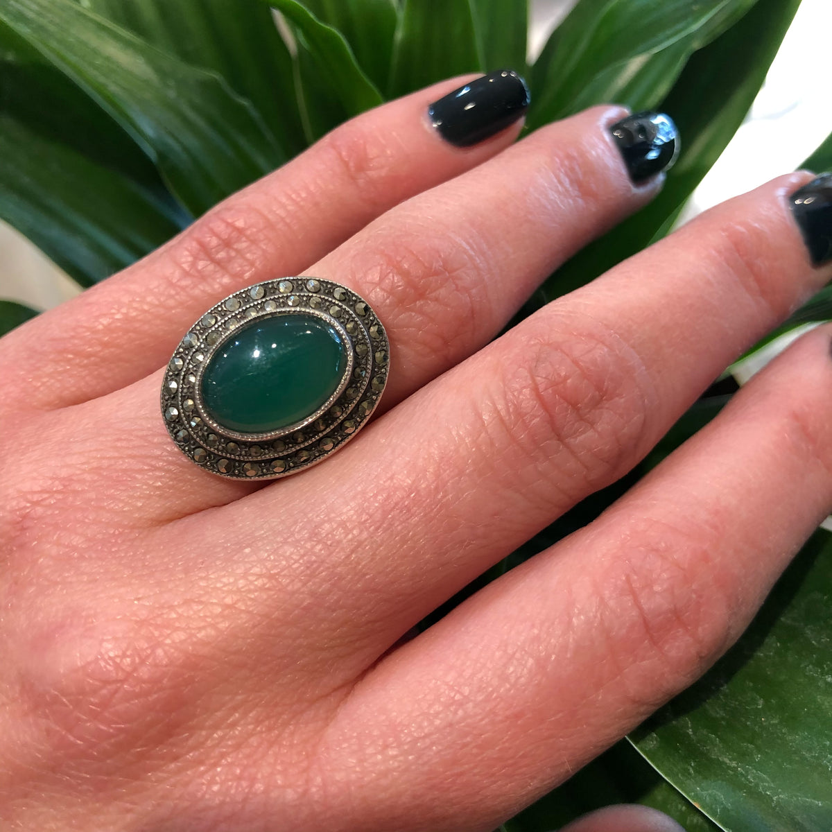 1920's Green Chrysoprase and Marcasite Ring