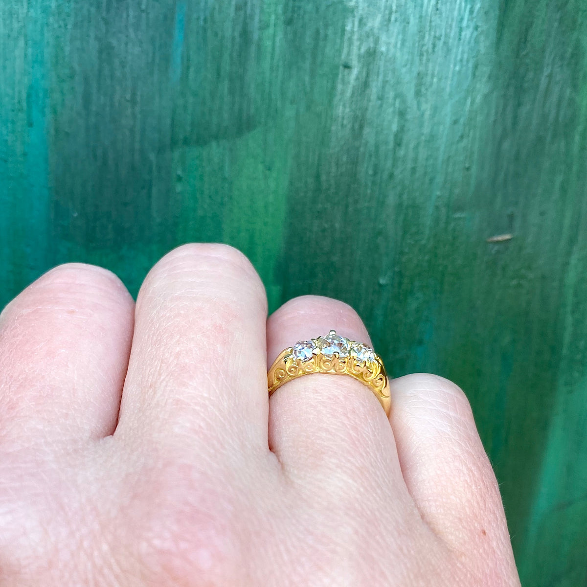 English Three Stone Ring with Old Mine Diamonds