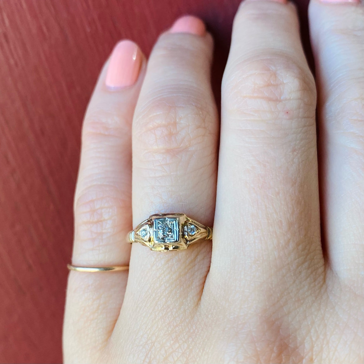 Gold & Diamond 1930s Engagement Ring with Hearts