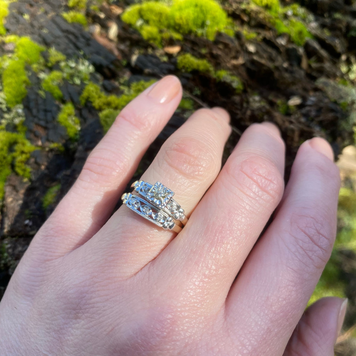NOS Wedding Set with Champagne Diamond & Forget Me Nots