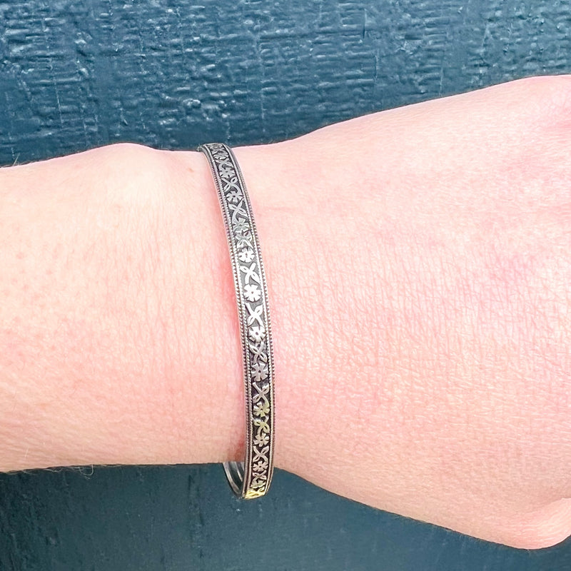 Sweet Engraved Silver Leaves & Flowers Bangle