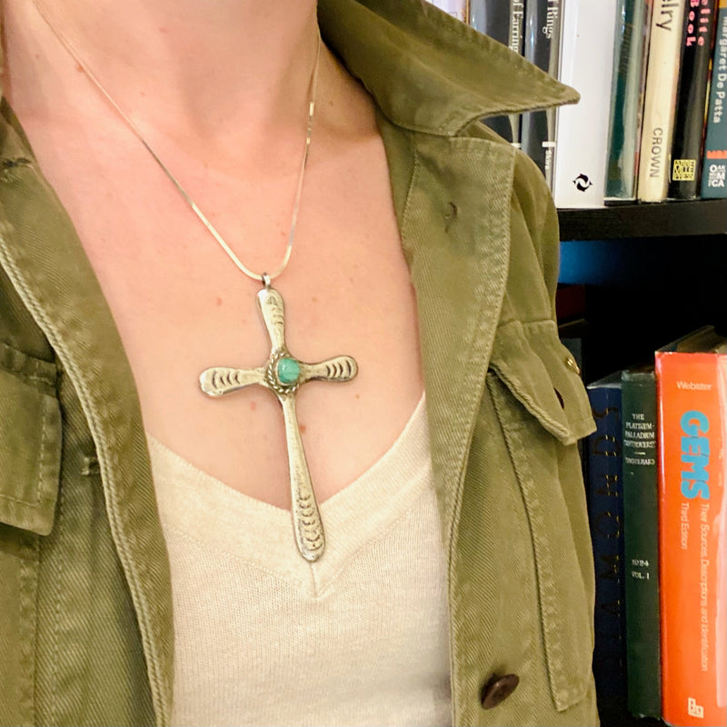 Heavy Sand Cast Silver Cross Pendant with Turquoise