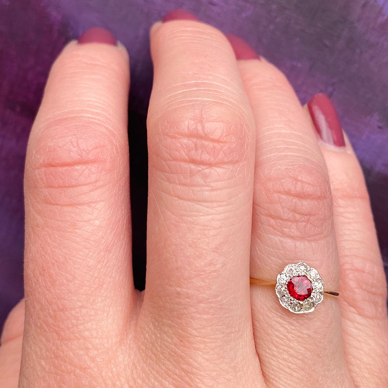 Deep Red Ruby & Diamond Halo Ring