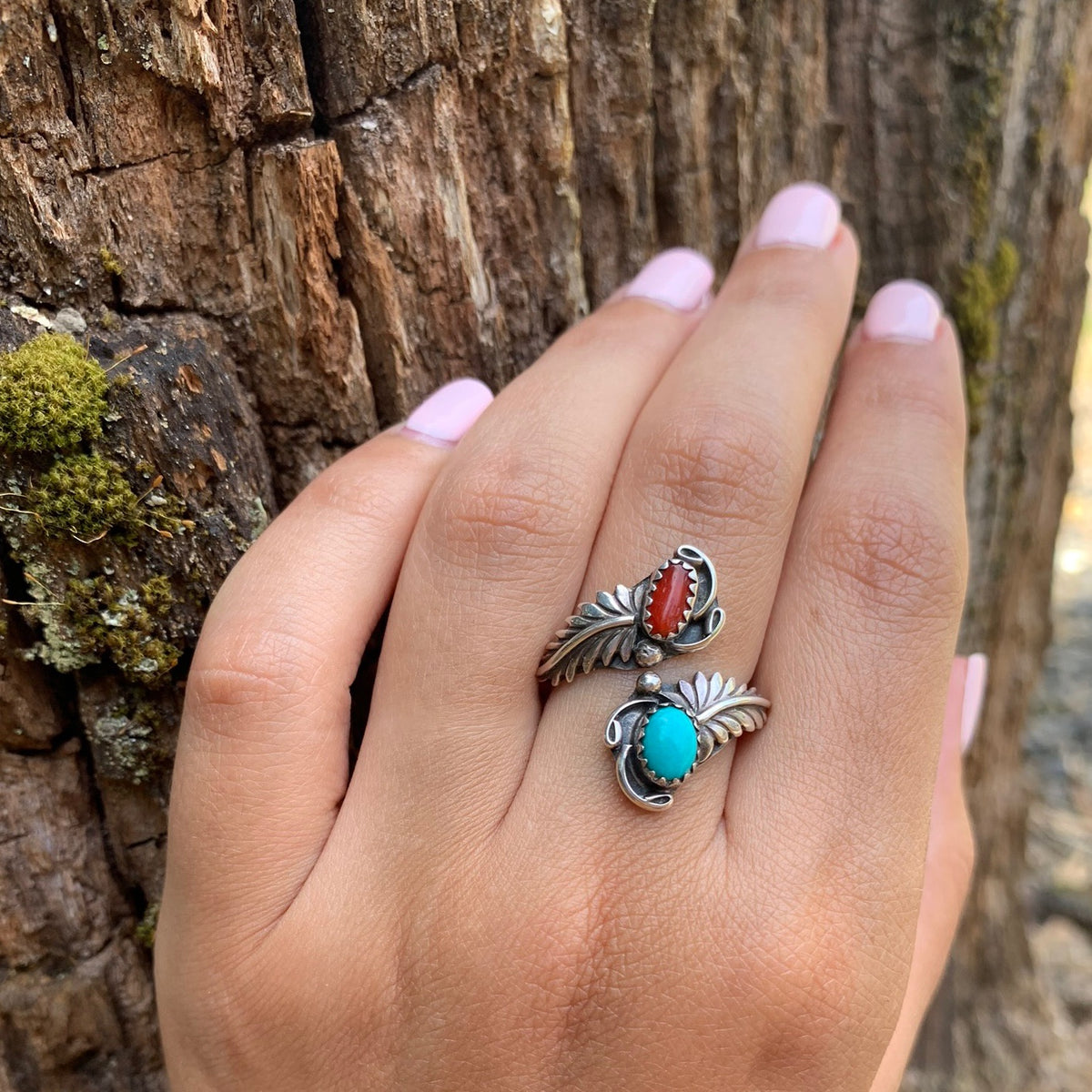 Feather Crossover Ring with Turquoise & Coral