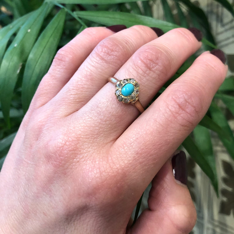 Robins Egg Blue Turquoise Surrounded by Rose Cut Diamonds