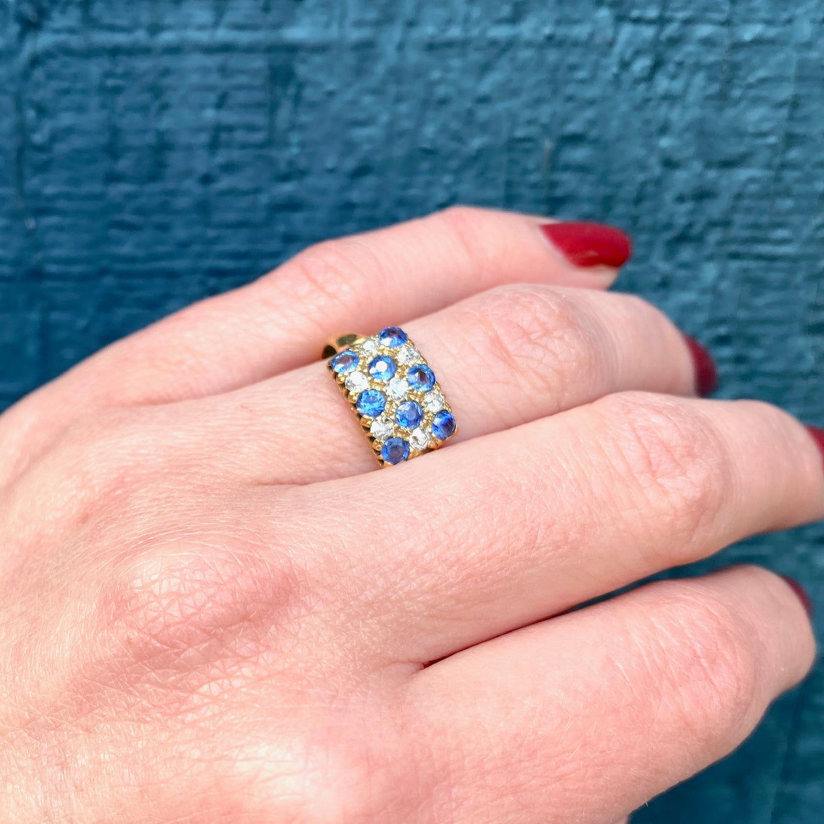 The Paved Rectangle of Sapphires and Diamonds Ring