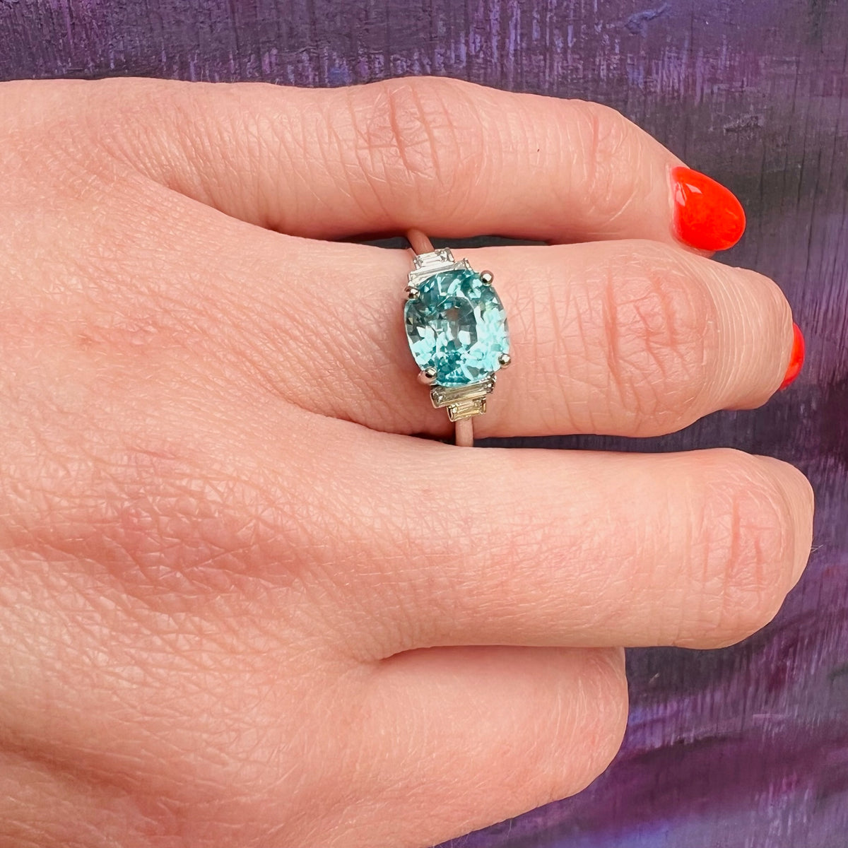Stunning Cushion Cut Blue Zircon in Platinum Ring