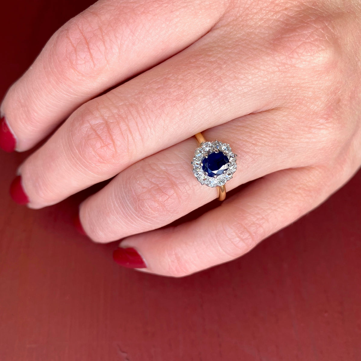 Vintage 18k and Platinum Sapphire OMC Diamond Halo Ring