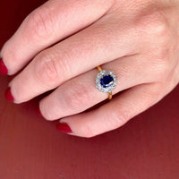 Vintage 18k and Platinum Sapphire OMC Diamond Halo Ring