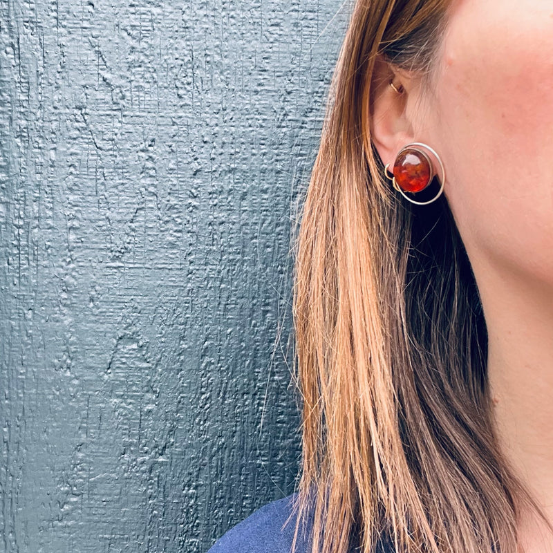 Amber Cabochon Modernist Silver Earrings