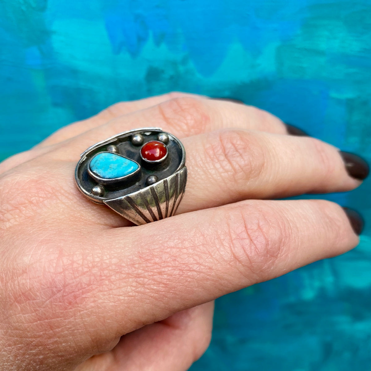 Chunky 1970s Silver Turquoise and Organic Red Gem Ring