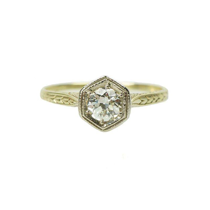Vintage Yellow Gold Deco Engraved OEC Solitaire