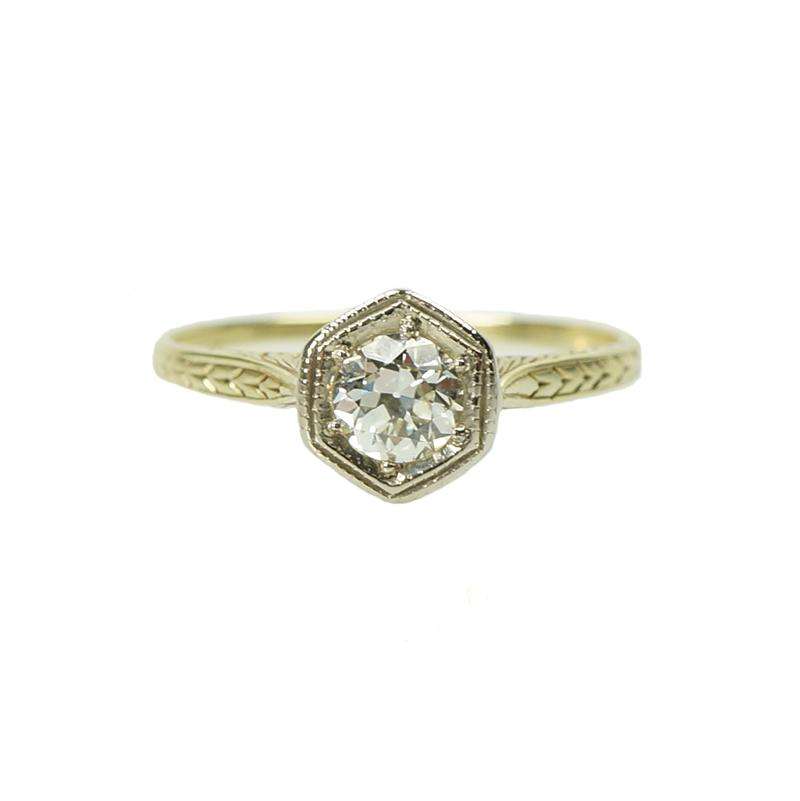 Vintage Yellow Gold Deco Engraved OEC Solitaire