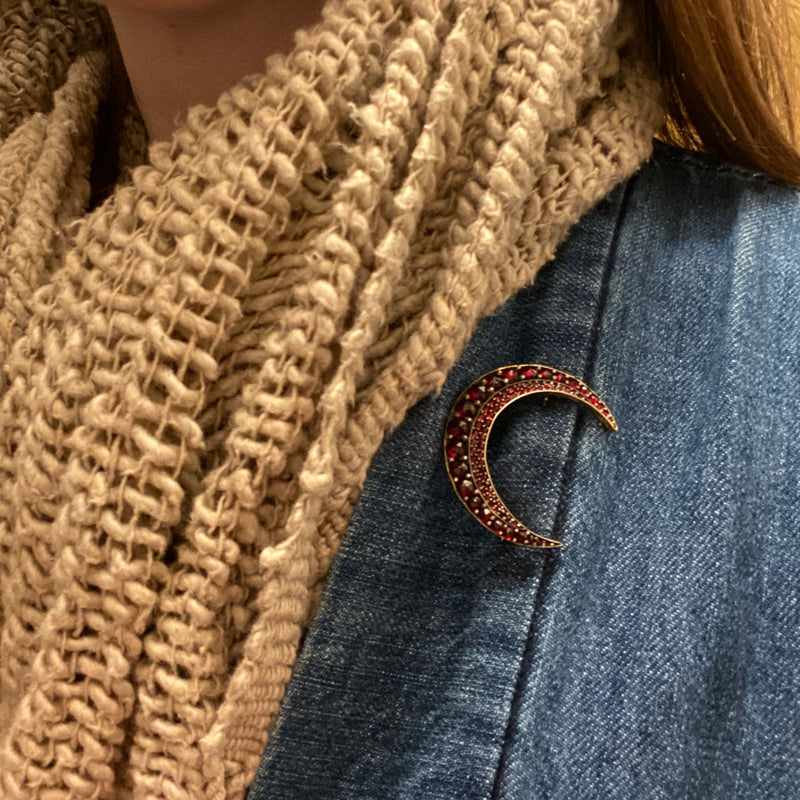 Glamorous Garnet Victorian Crescent Moon Brooch