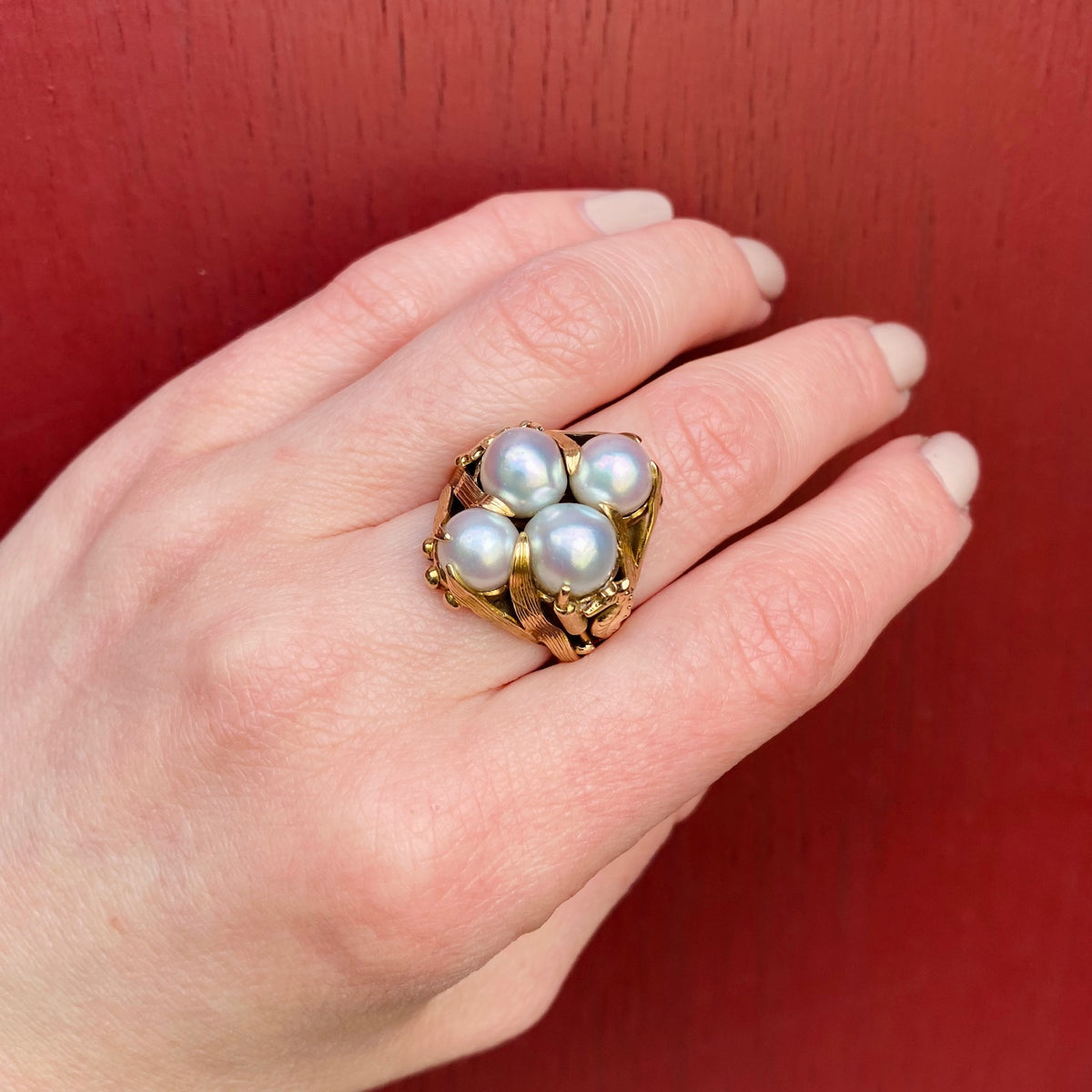 Aquatic Mid Century Cocktail Ring in Gold & Pearls