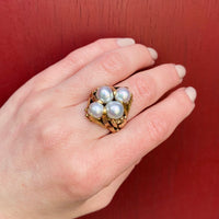 Aquatic Mid Century Cocktail Ring in Gold & Pearls