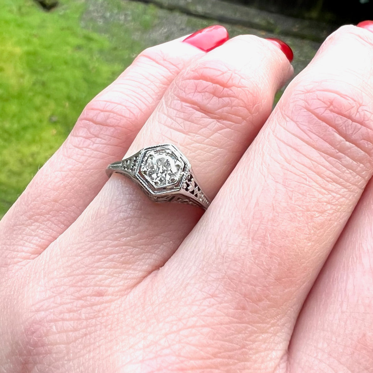 White Gold Filigree Diamond Ring