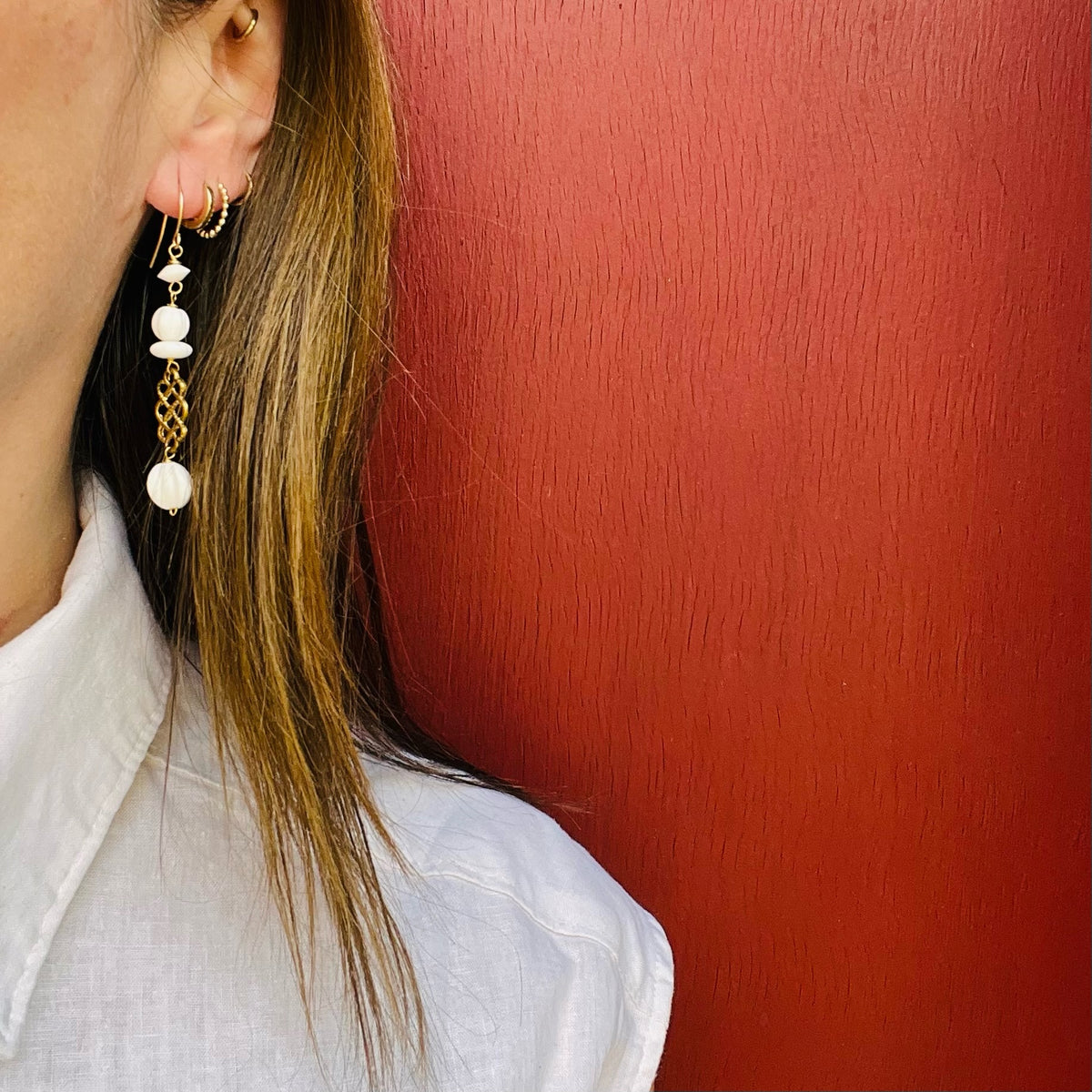 White Glass Beads & Woven Brass Earrings by Brin