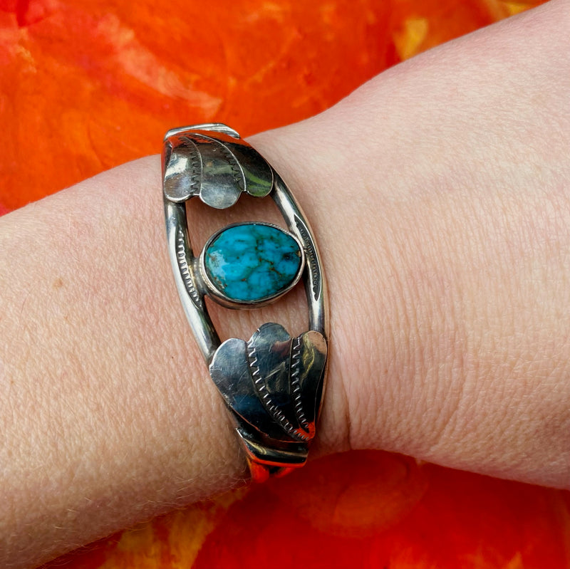 Kingman Turquoise Navajo Cuff with Stamped Silver Appliqué