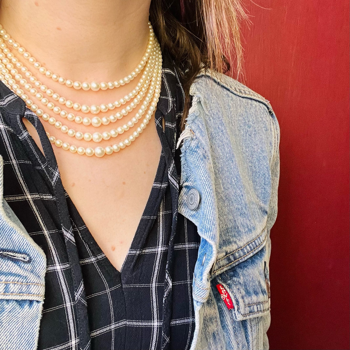 Five Strand Pearl & Gold Festoon Necklace