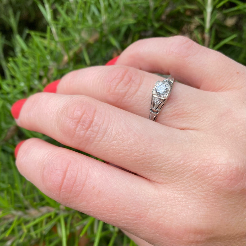 Engraved White Gold Deco Diamond Engagement Ring