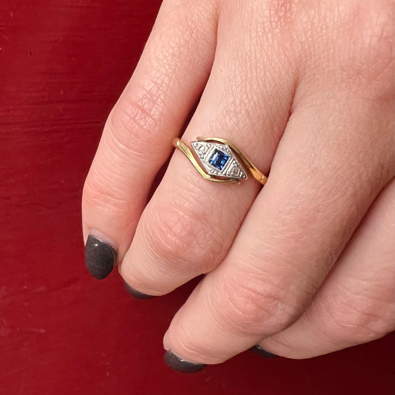 Sapphire & Diamond Two Tone Crossover Ring