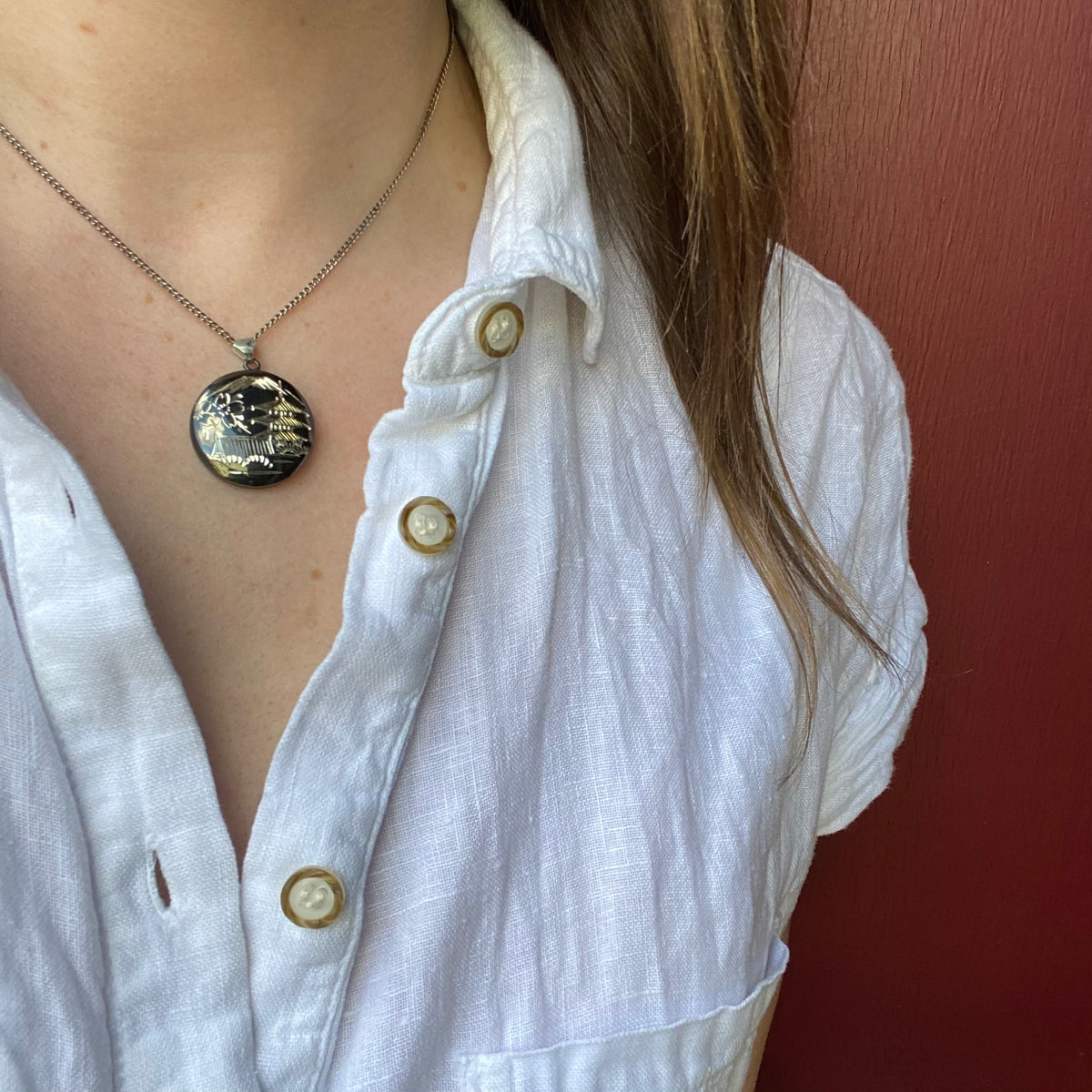Niello Locket Engraved with View of Mount Fuji and Chureito Pagoda