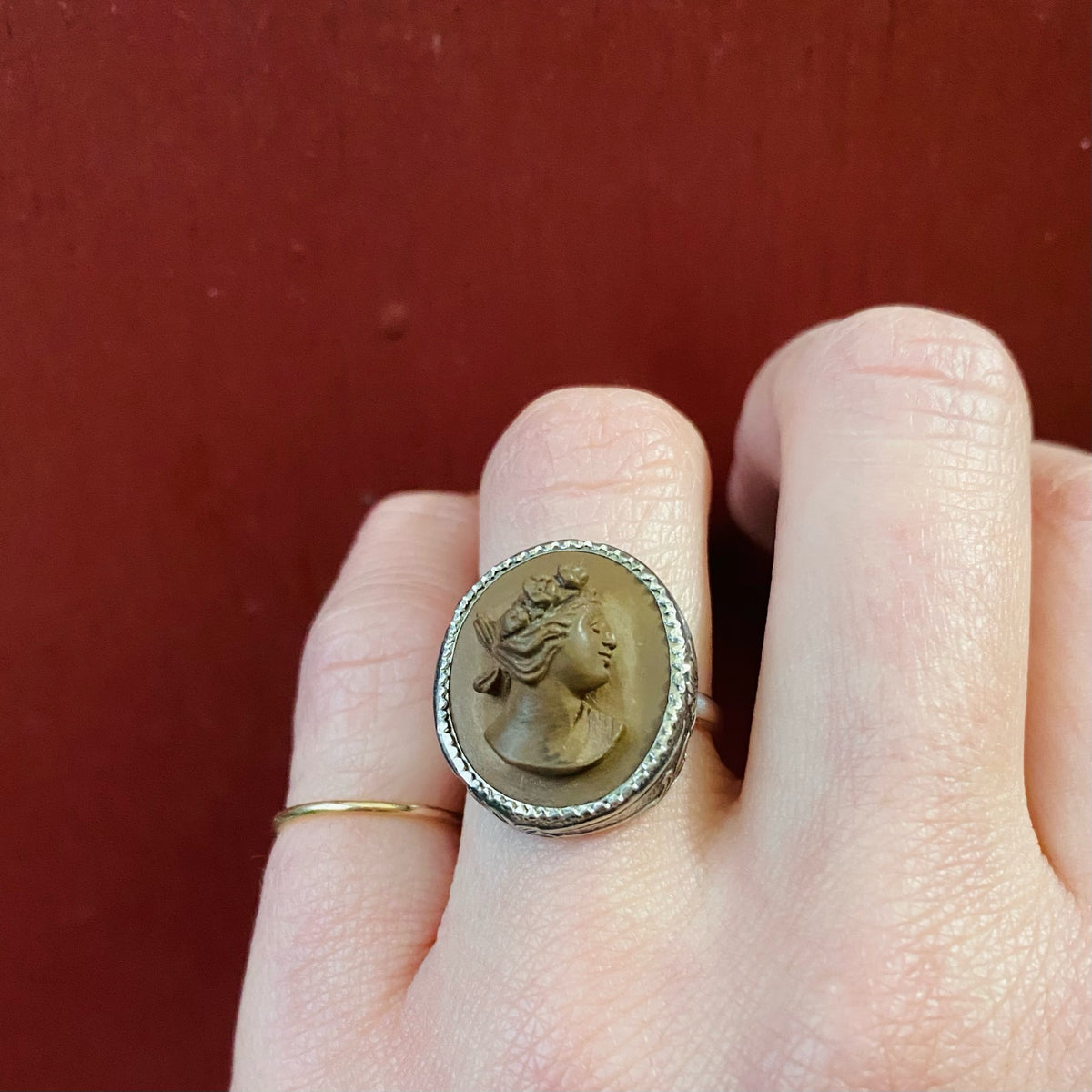 Romantic Lava Cameo in Engraved Silver Ring