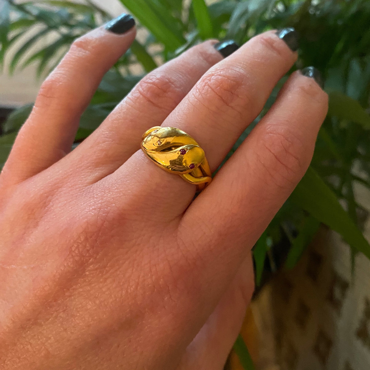 Entwined Snakes Ring 18k Yellow Gold Ruby and Diamond Eyes