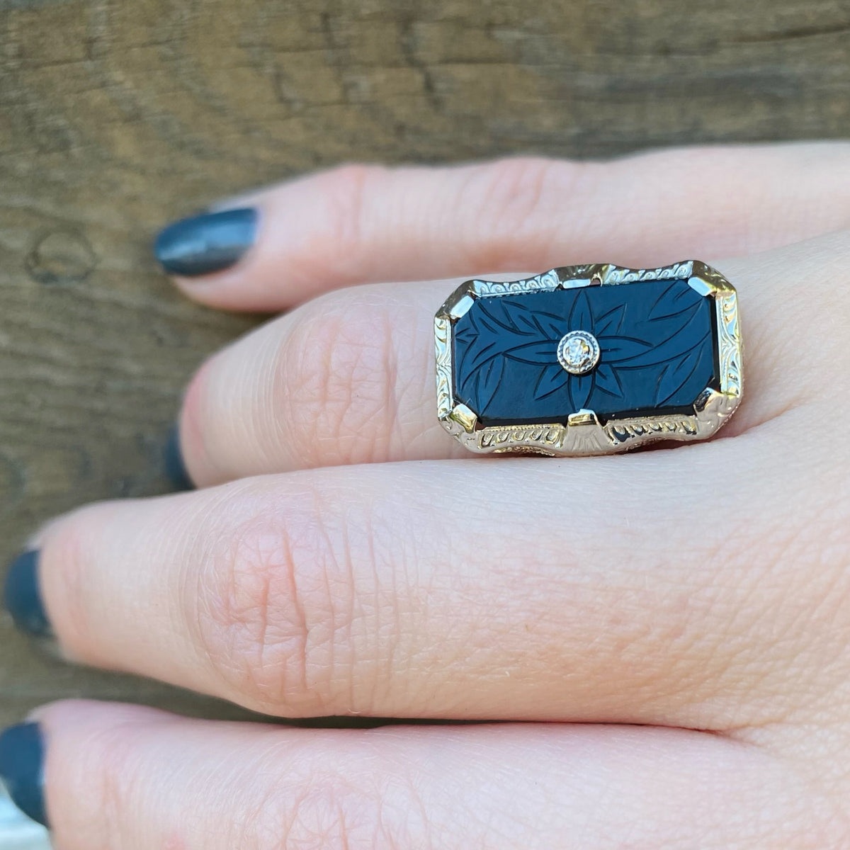 Fresh Carved Onyx & Diamond Filigree Ring