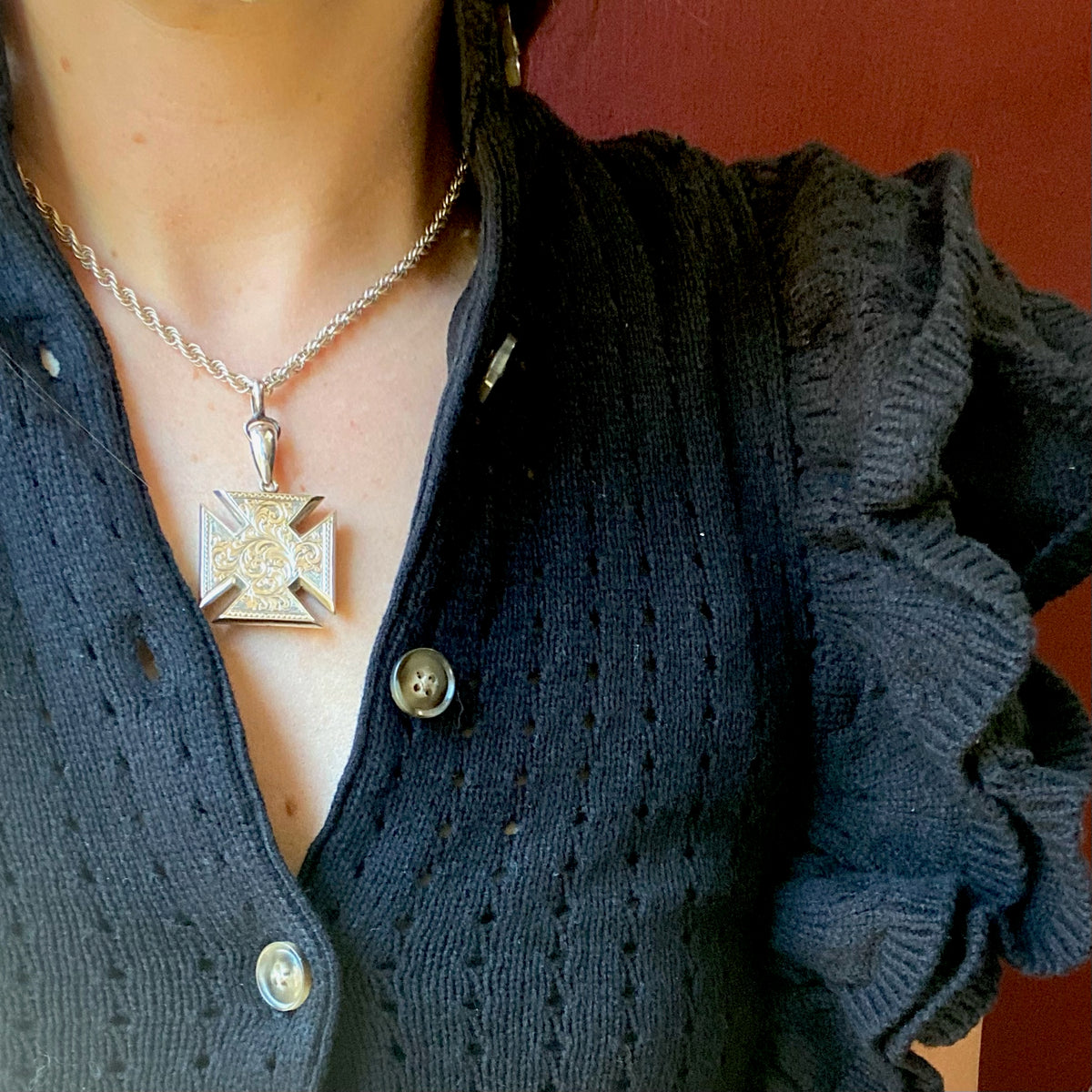 Exquisitely Engraved Sterling Iron Cross Pendant